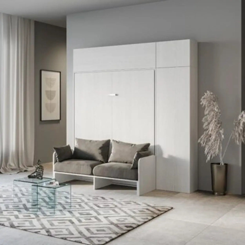 Letto matrimoniale a scomparsa 160 Kentaro con divano e mobili bianco frassino, grigio