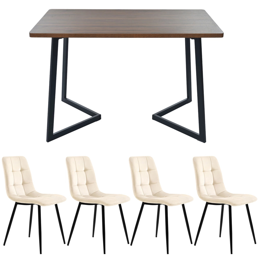 Set Tavolo da Pranzo e 4 Sedie ¨C Xylo ¨C Piano MDF Noce, Gambe Metallo Nero, Seduta Velluto Beige