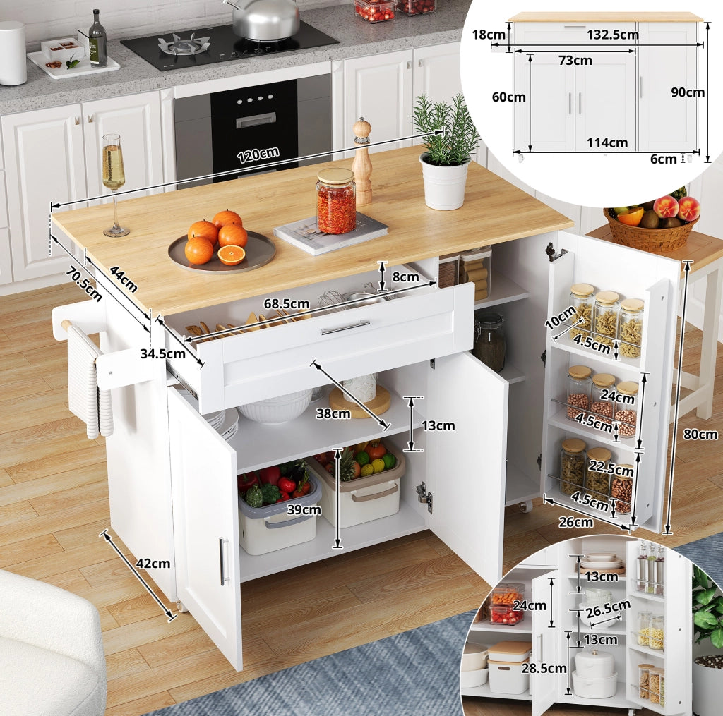 Carrello cucina mobile con piano ribaltabile, 5 ruote e armadi