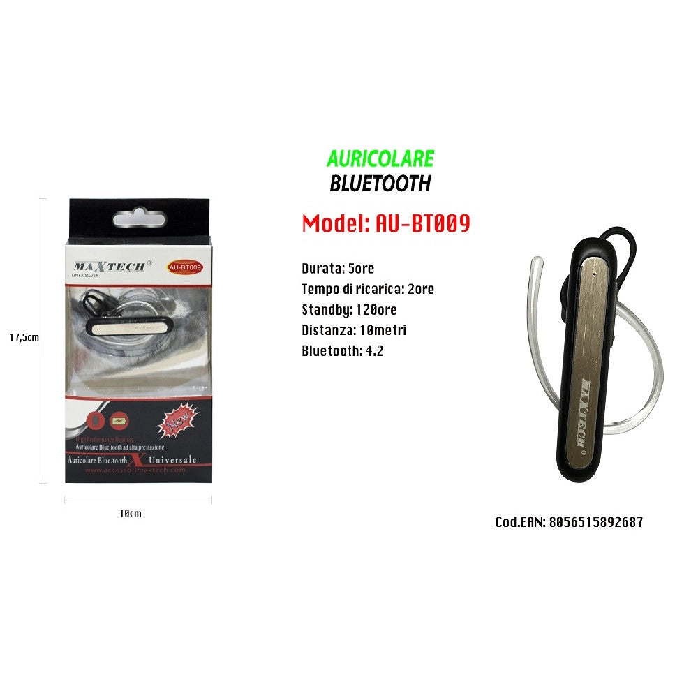 Trade Shop - Maxtech Au-bt009 Auricolare Bluetooth 4.2 Universale Cuffia Per Smartphone Alta Prestazione -