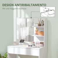Tavolo da Trucco con Specchio, 3 Ripiani ad Angolo e Cassetto, in Legno e Vetro, 75x40x137 cm, Bianco