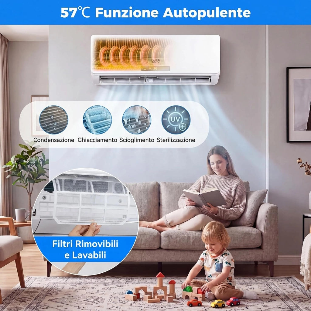 Climatizzatore Monosplit Inverter, R32, A++, Silenzionso 19 dB, A++, Raffrescamento, Riscaldamento, Deumidificazione, Ventola, Timer, WiFi, Telecomando, Autopulizia (9000, BTU) [Classe di efficienza energetica A++]