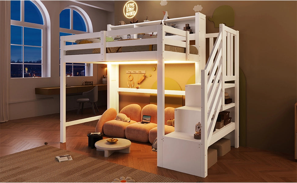 LETTO A CASTELLO ALTO 90x200 cm con LED, pino e MDF bianco