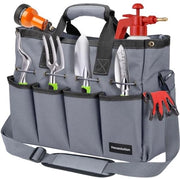 Tas da giardinaggio, 35 x 14 x 28 cm, tas da giardino portatile, tas da stivaggio impermeabile con più cassette e cinghia regolabile, tas da attrezzi per giardino, casa, garage, grigio