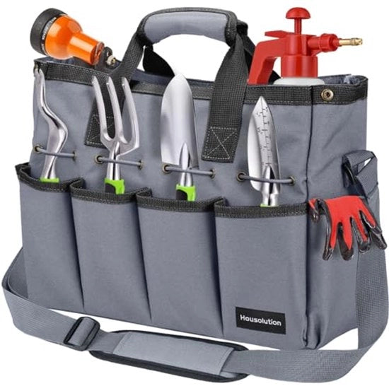 Tas da giardinaggio, 35 x 14 x 28 cm, tas da giardino portatile, tas da stivaggio impermeabile con più cassette e cinghia regolabile, tas da attrezzi per giardino, casa, garage, grigio