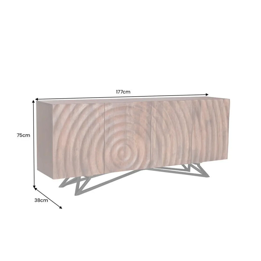 Buffet ZENWOOD 180 cm – Legno massiccio scolpito 3D e metallo nero – 4 porte