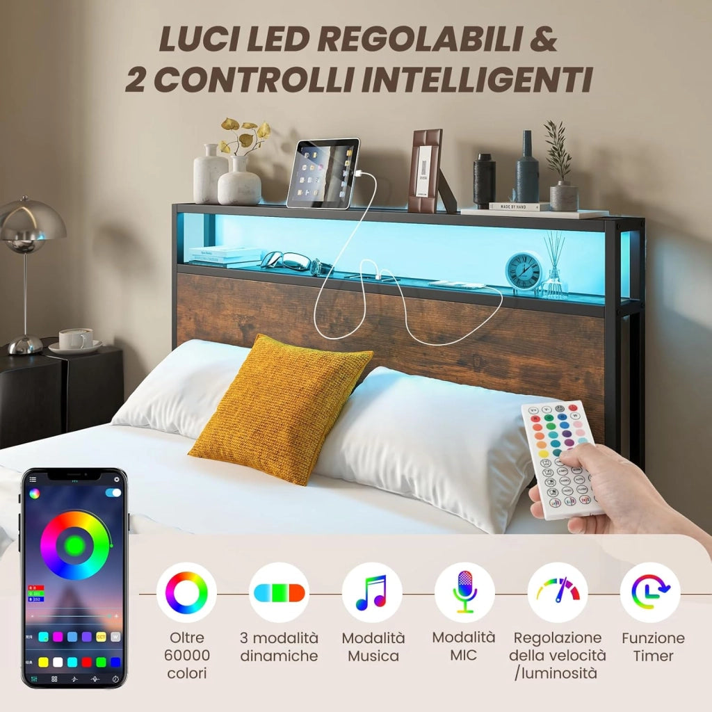 Letto Matrimoniale 140x200 cm, con 4 Cassetti e Testiera, Struttura Letto con Luci LED Regolabile e Presa Multipla, Carico Massimo 300kg, Silenzioso