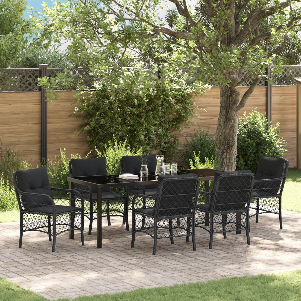 Set da Pranzo da Giardino 7 Pezzi con Cuscini in Polyrattan Nero
