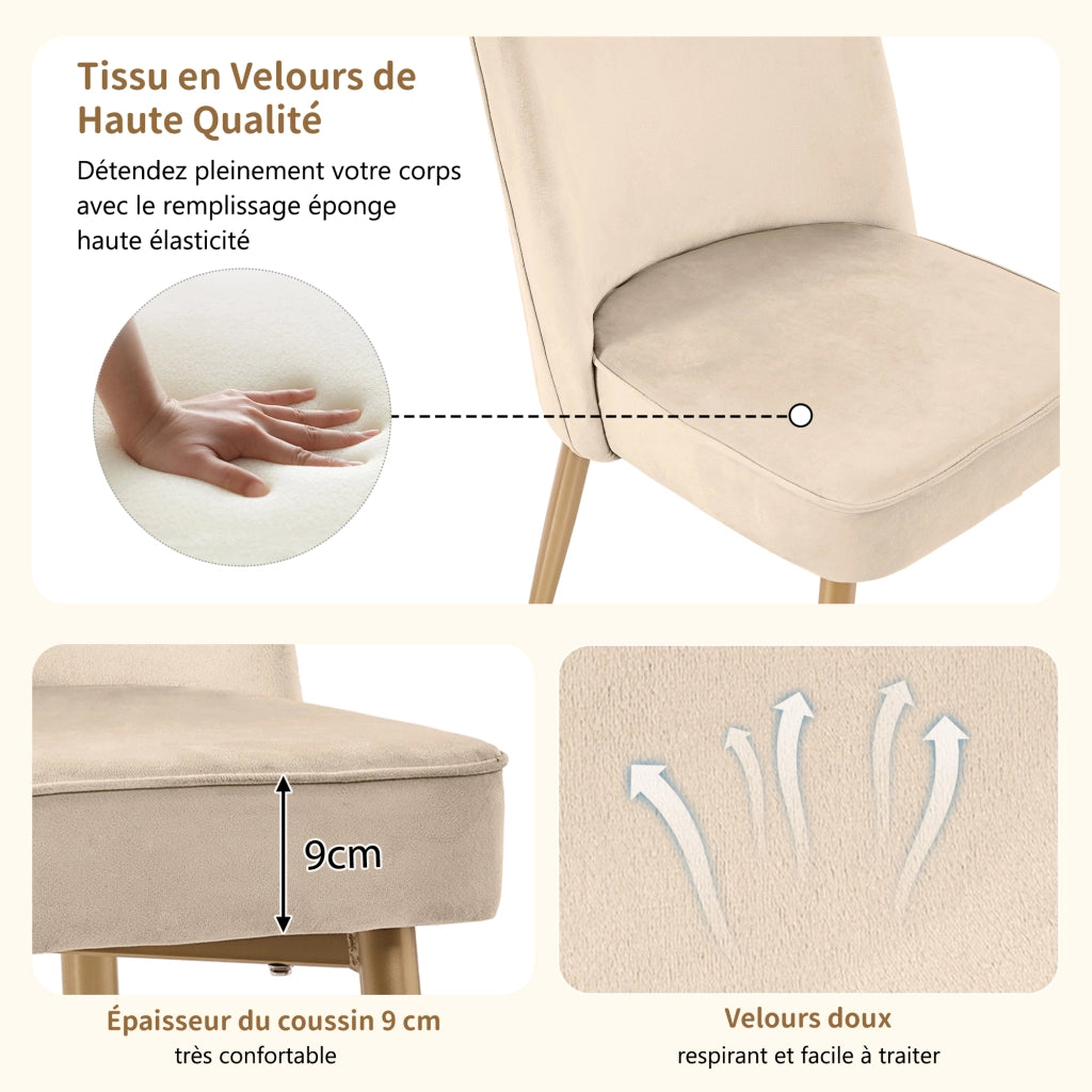 Sedia da Pranzo Set da 2 con Schienale Ergonomico e Piedini Antiscivolo, Velluto Beige, 45.5 × 62 × 87.5 cm