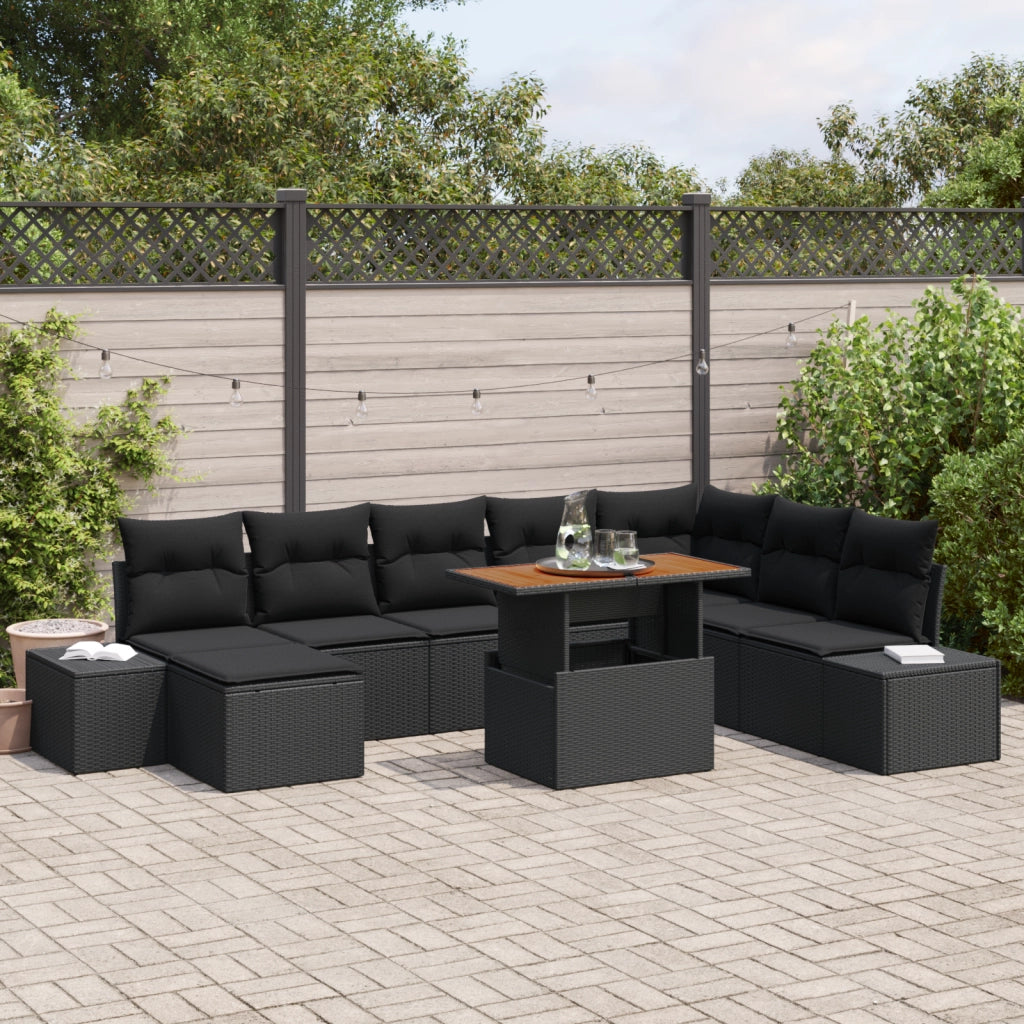 Set da pranzo da giardino 9 pezzi con cuscini in polyrattan nero e acacia