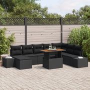 Set da pranzo da giardino 9 pezzi con cuscini in polyrattan nero e acacia