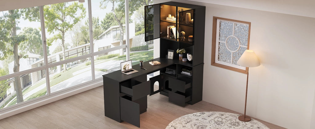 Scrivania angolare con vetrina LED, 3 cassetti, 2 ante e vani aperti, per studio, in MDF nero, 120 × 80 × 180 cm