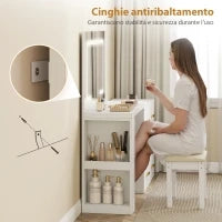 Toeletta da Camera con Specchio e Luci LED Regolabili, 6 Cassetti, 2 Ripiani e Prese Elettriche, Bianco