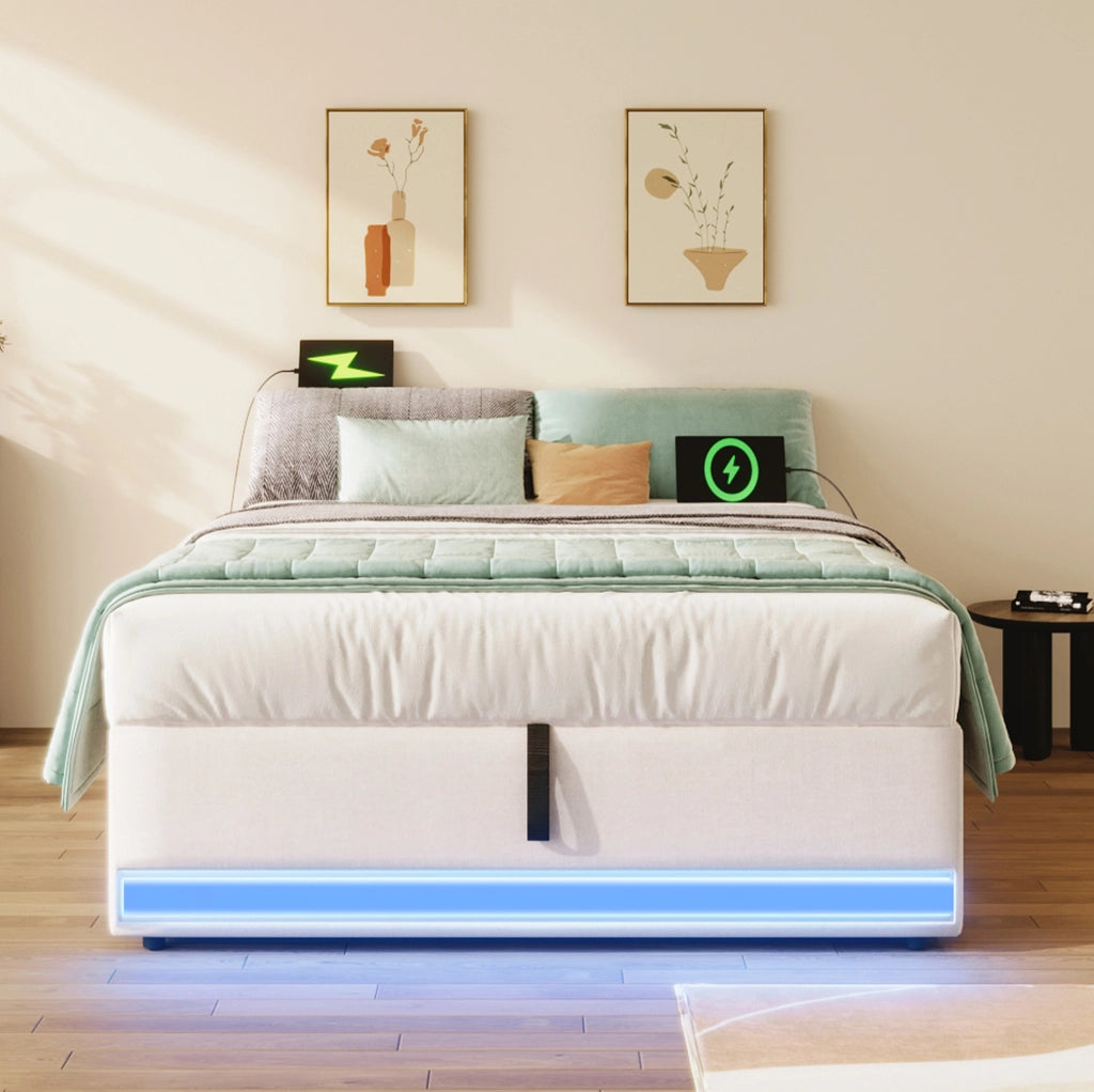 Letto imbottito 90x200 cm con LED; USB e Tipo-C; contenitore idraulico in lino beige