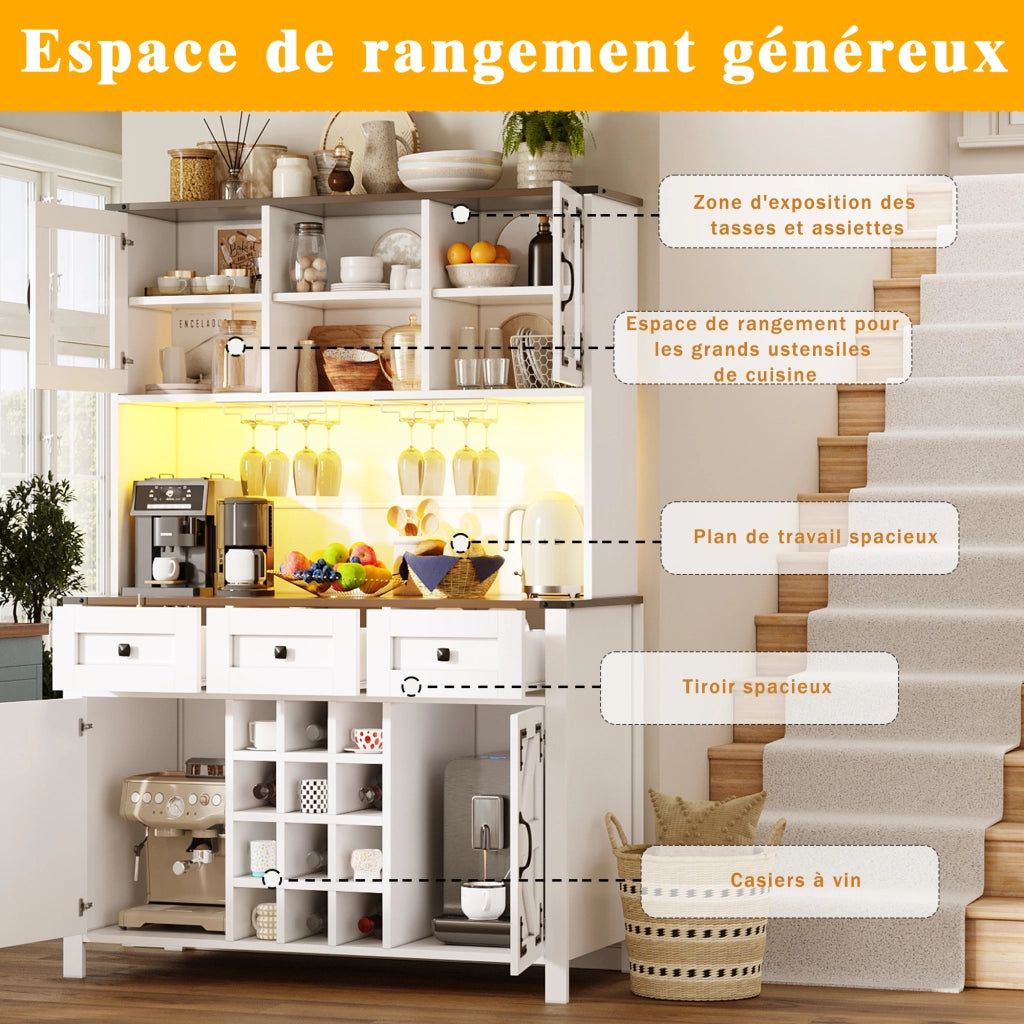 Credenza Alta da Cucina con 4 Ante; 3 Cassetti; LED; Prese e USB; in MDF e Vetro; 120 x 40 x 170 cm; Bianca