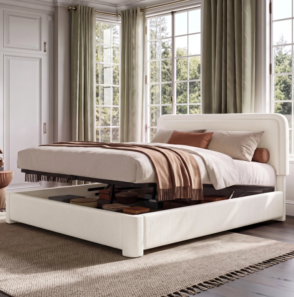 Letto matrimoniale 160x200 cm con contenitore idraulico; testiera regolabile; bouclé bianco