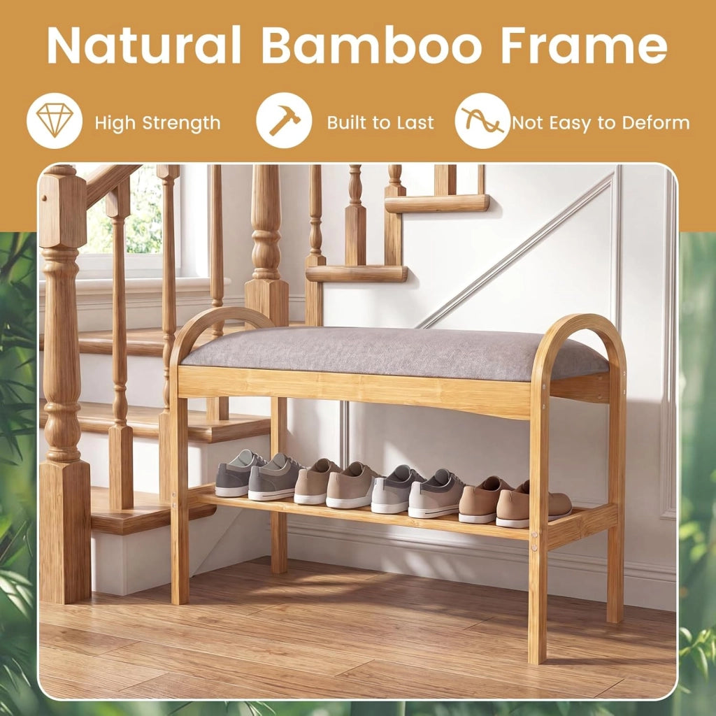 Panca Scarpiera da Ingresso, Panca Imbottita Porta Scarpe in Legno Bambù 2 Livelli, per Corridoio, Camera da Letto e Soggiorno, Carico 150 kg, 70 x 30 x 51 cm