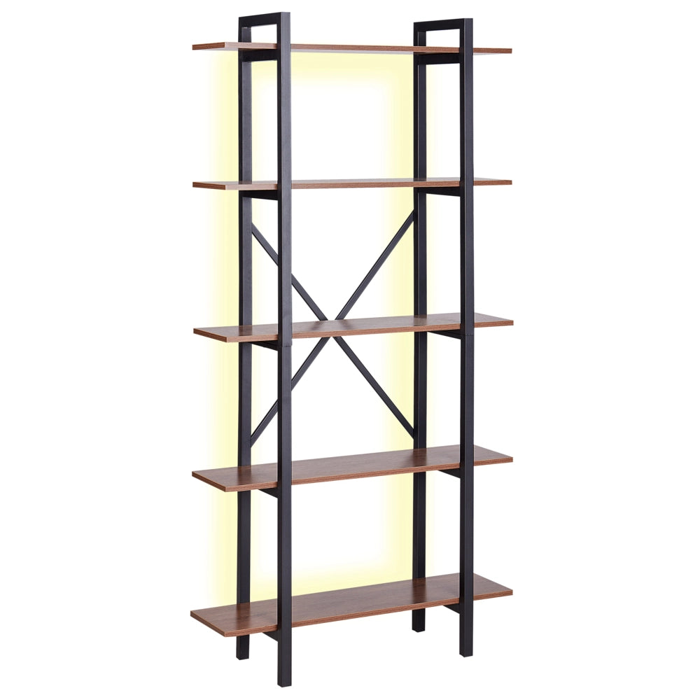 Libreria industriale con luci LED a 5 livelli con schienale aperto in legno scuro e struttura in metallo nero stile moderno industriale