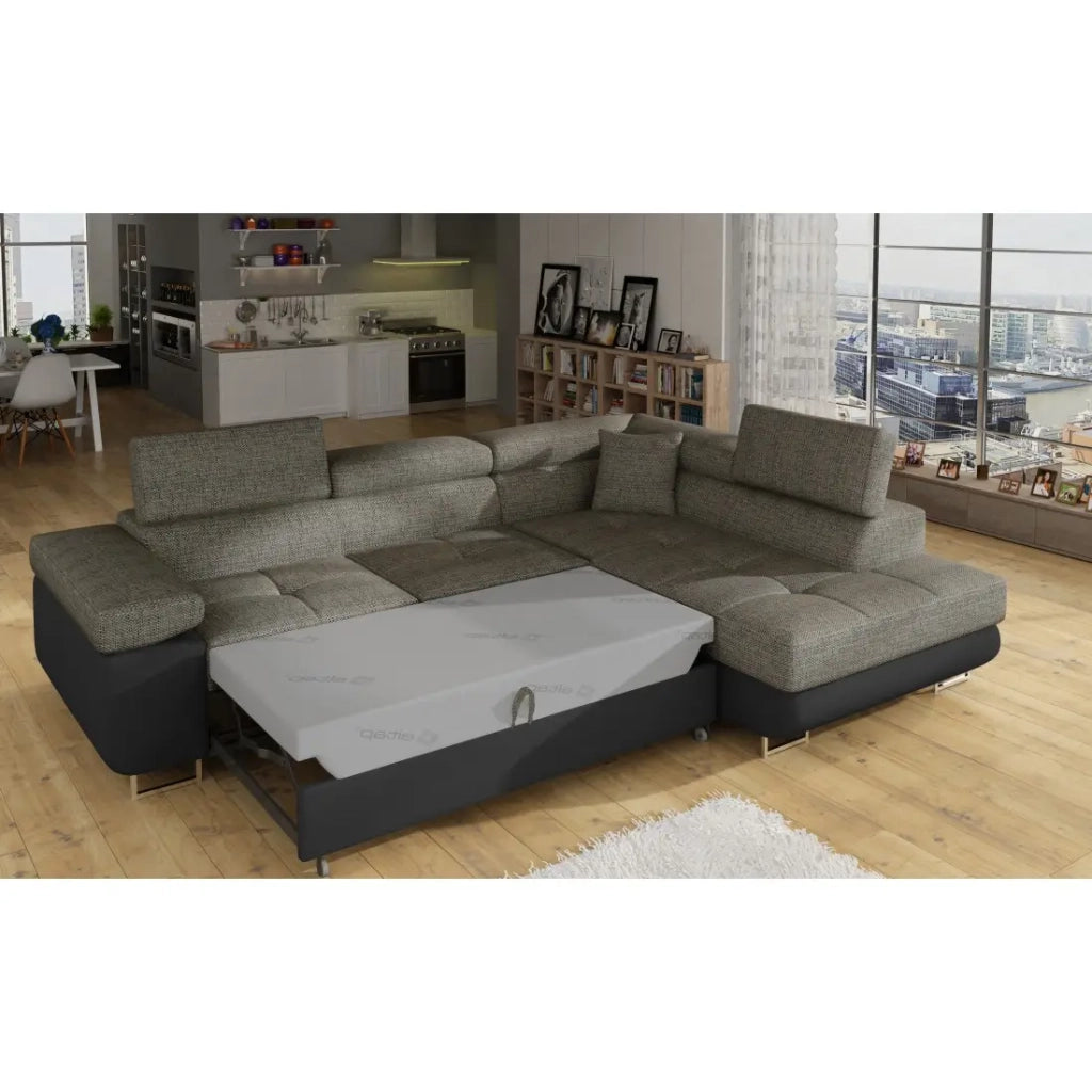 Divano angolare trasformabile MENTON grigio bouclé - 4 posti con vano contenitore e poggiatesta