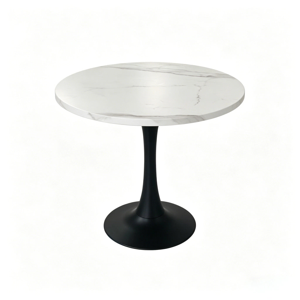 Tavolo da pranzo rotondo moderno con piano effetto marmo bianco e base in metallo nero per casa diametro 80 cm