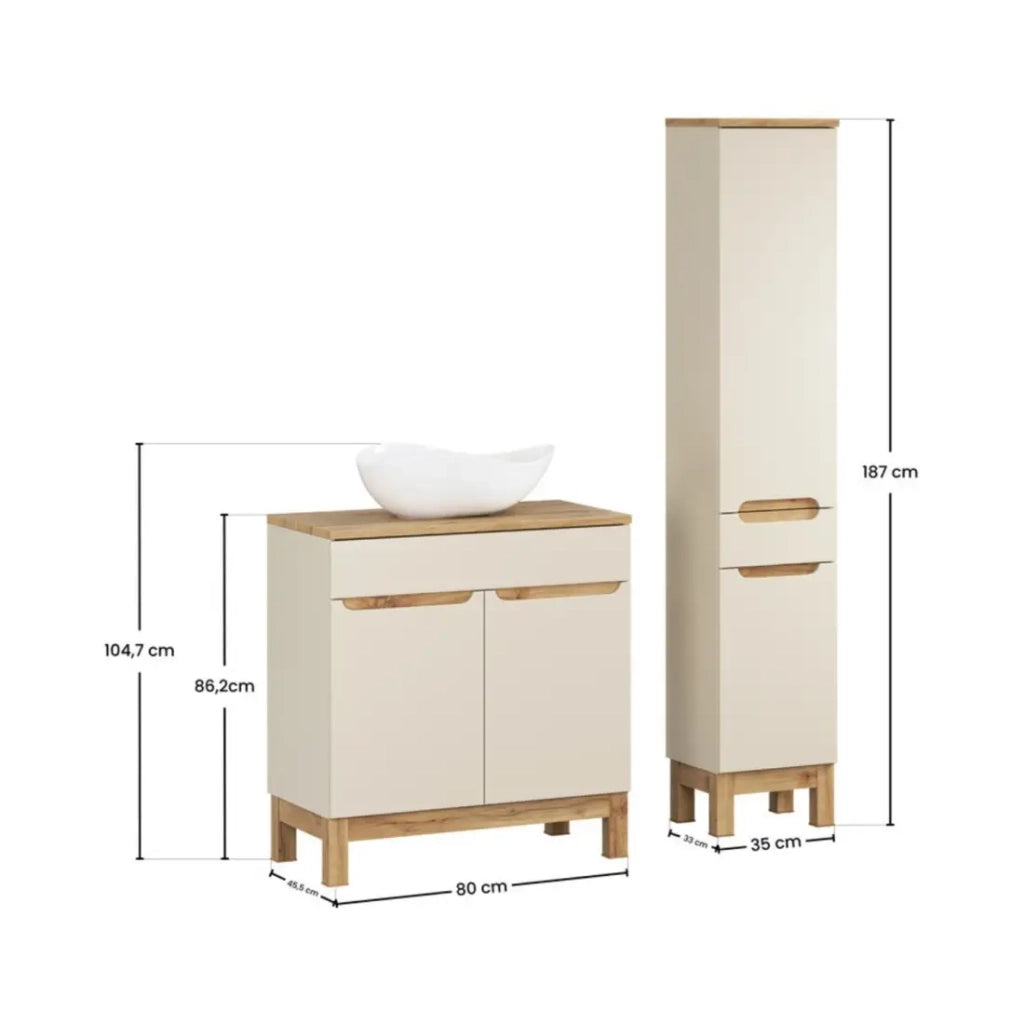 Insieme ERMANO cashmere e finitura quercia 115cm: mobile sottolavabo + lavabo da appoggio bianco asimmetrico + colonna