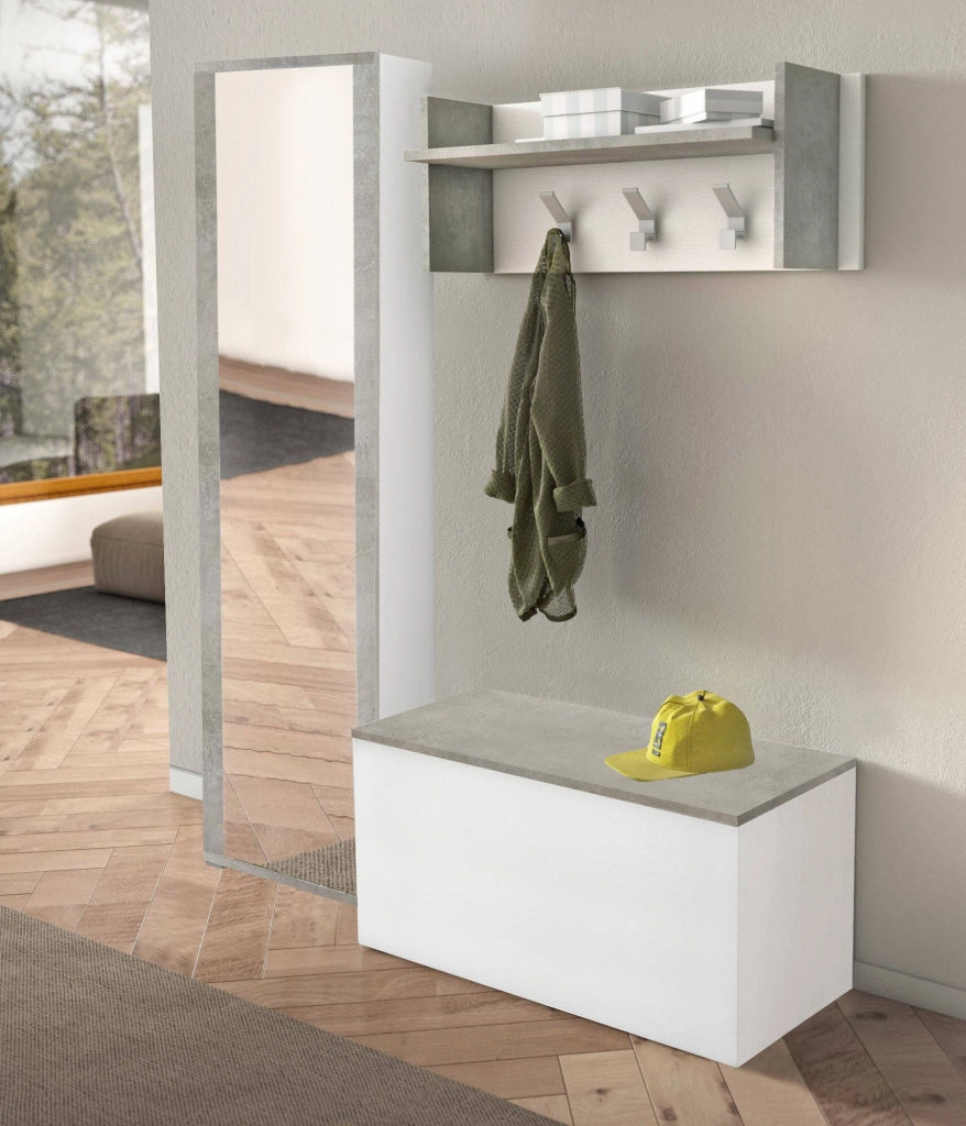 Mobile da ingresso Tanzanite, Entratina moderna con appendiabiti, Mobile con scarpiera, Armadietto con specchio, Cm 50x32h182, Bianco e Cemento