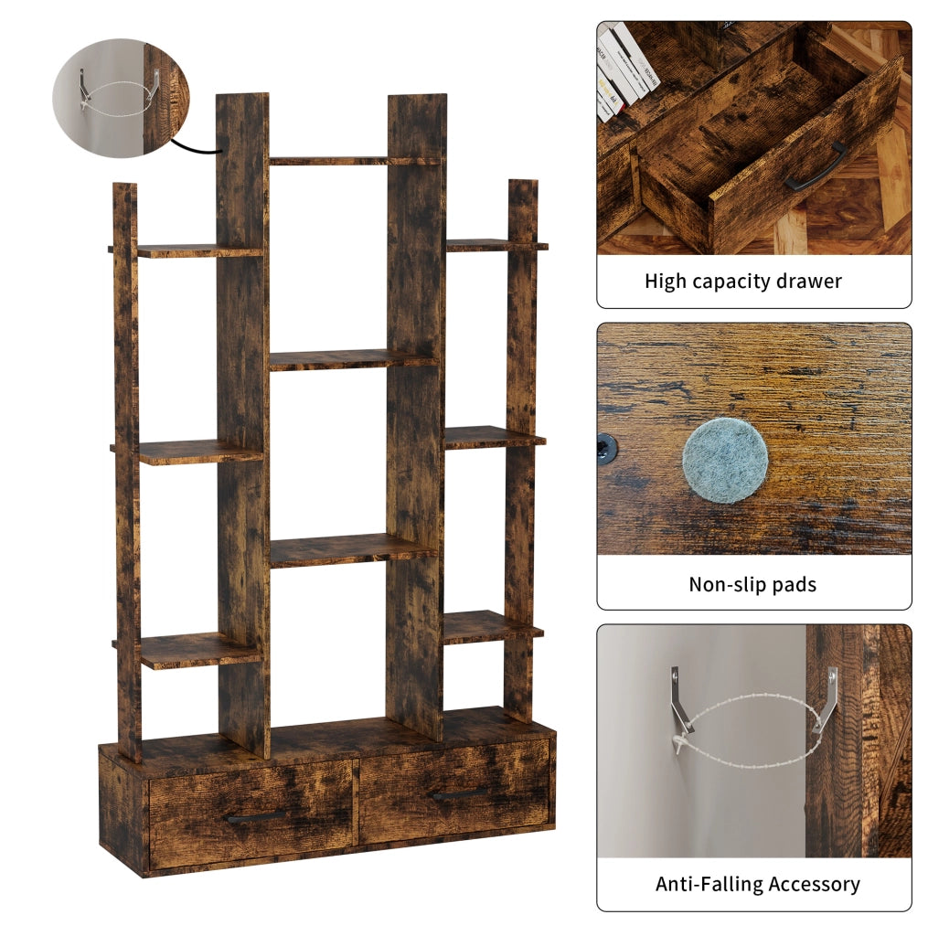 Libreria ULEVR ad albero 86x25x141 cm con 12 ripiani aperti e 2 cassetti, marrone rustico