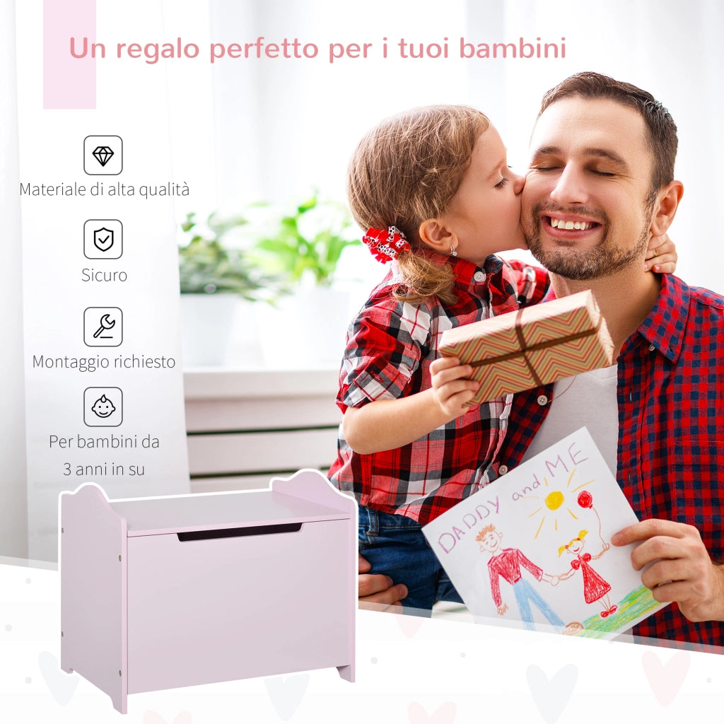 Cassapanca Portagiochi in Legno. Panca Contenitore per Cameretta Coperchio con Pistone Pneumatico. 60x40x48cm. Rosa