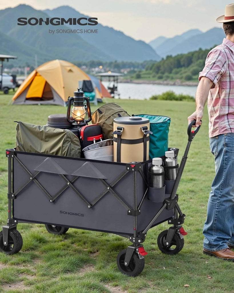 SONGMICS Carrello da Campeggio Pieghevole, Carretto, 150 L, Portante 150 kg, Carrello da Giardino, con Manico, 4 Ruote Rimovibili, Salvaspazio, per Esterni, Giardino, Grigio Ardesia GFW115G01