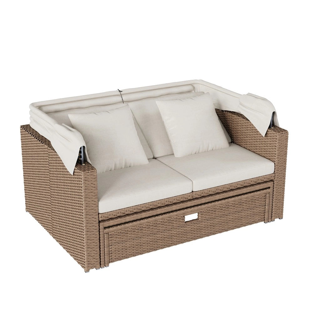Set Divano da Giardino in Polyrattan ¨C Xylo ¨C Beige, con Tavolino Regolabile e Tenda