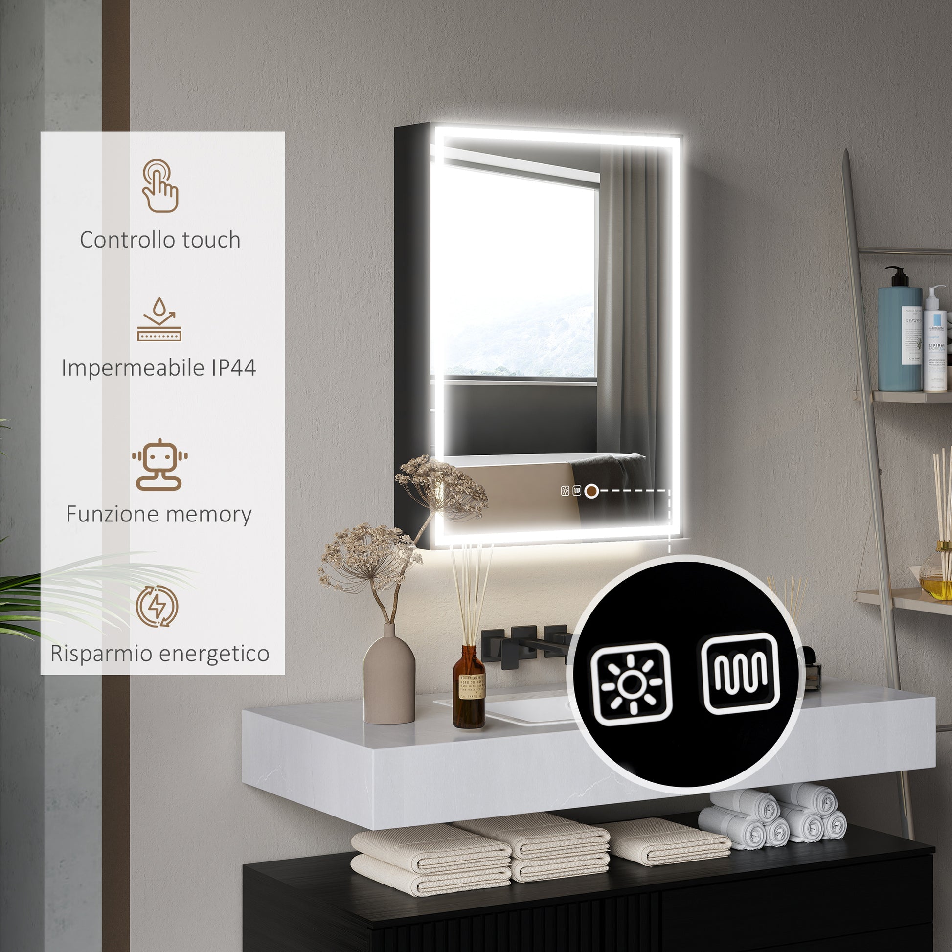 Armadietto da Bagno con Specchio Luci LED Regolabili e Funzione Anti-Appannamento in Alluminio Nero
