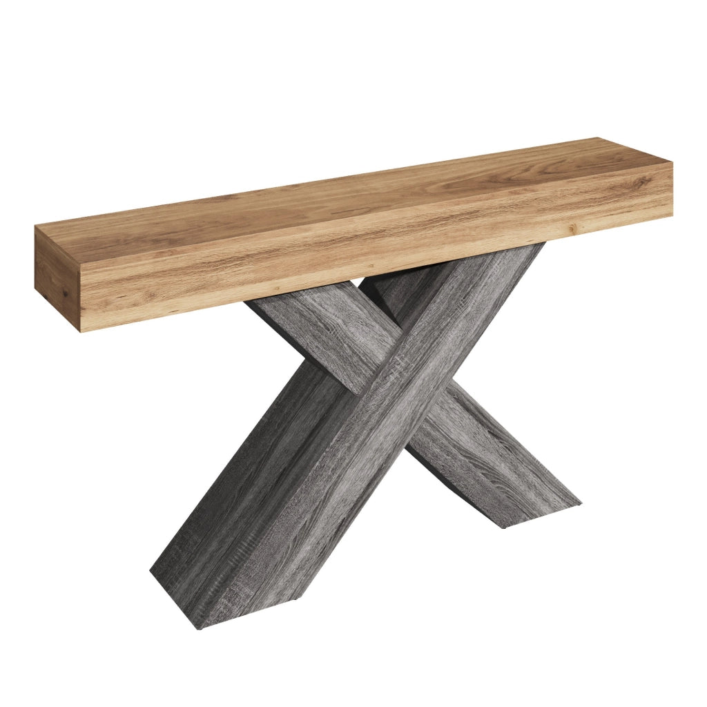 Tavolo consolle stretto con struttura a X in effetto legno naturale, in pannello truciolare, per ingresso e soggiorno