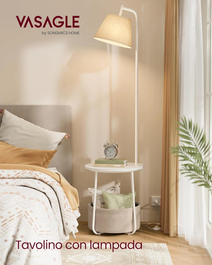 VASAGLE Tavolino con Lampada, Lampada da Terra 3 in 1 con Tavolino e Cesto in Tessuto da Soggiorno Salotto, Lampadina LED Regolabile Inclusa, Paralume ad Angolo, Acciaio, Bianco Opaco LFL004WC04