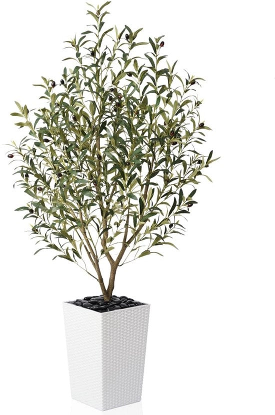 Pianta Finta di Olivo 150cm Pianta Decorativa Grande con Vaso Bianco in Netlook & Ciottoli Per Soggiorno, Ufficio & Pianta Moderna