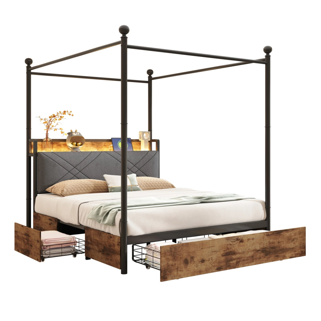 Letto a baldacchino multifunzione 140x190 cm con LED; USB/Type-C; cassetti; nero