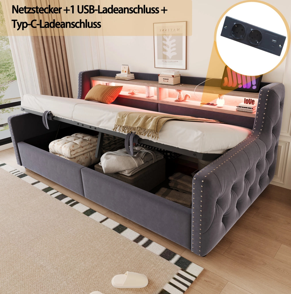 Divano letto imbottito 90 x 200 cm con contenitore; LED e presa integrata; in velluto grigio scuro
