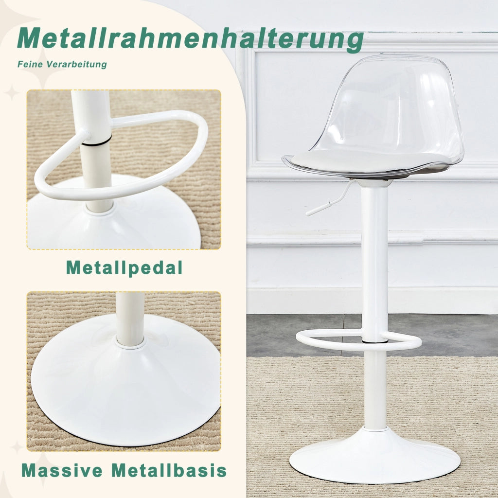 Set di 2 sgabelli da bar regolabili 82-104 cm con schienale trasparente e base bianca