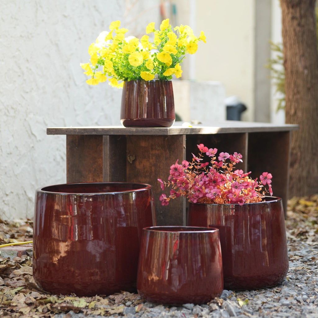 Fioriera a più livelli in ceramica smaltata lucida rossa, set 4 pezzi con foro di drenaggio per interno e giardino