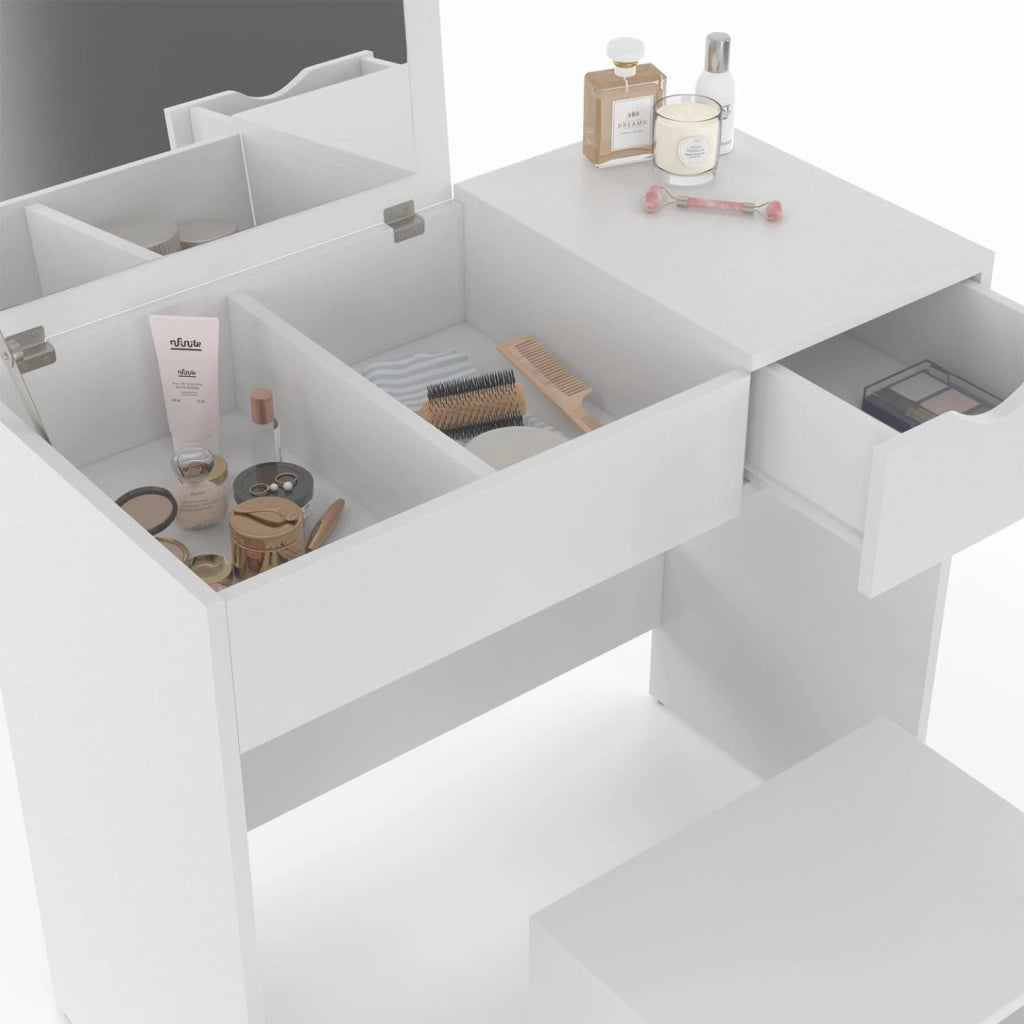Mobiletto ZELIA con specchio pieghevole, 1 cassetti e 1 sgabello