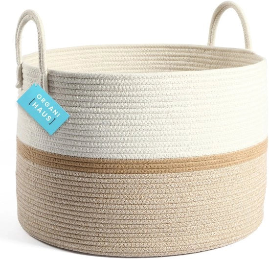 Cestino per bambini, grande contenitore tessuto, contenitore tessuto di cotone con maniglie a mano, contenitore per bambino, contenitore per giocattoli - 50x33cm, bianco crema/avorio