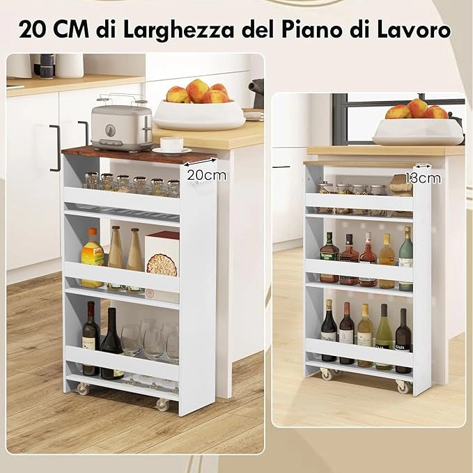 Carrello Portaoggetti da Cucina, Scaffale con Maniglia Laterale e Ruote, Carrello Salvaspazio con 3 Scaffali Stretti, 47,5x20x80,5 cm (Marrone+Bianco 47,5x20x80,5 cm)