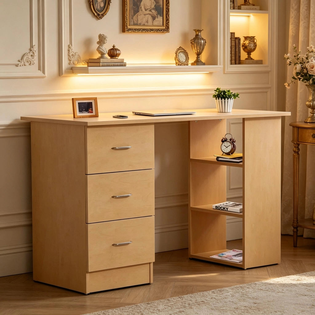 SCRIVANIA con 3 cassetti e 3 ripiani aperti 120x49x72 cm Legno chiaro