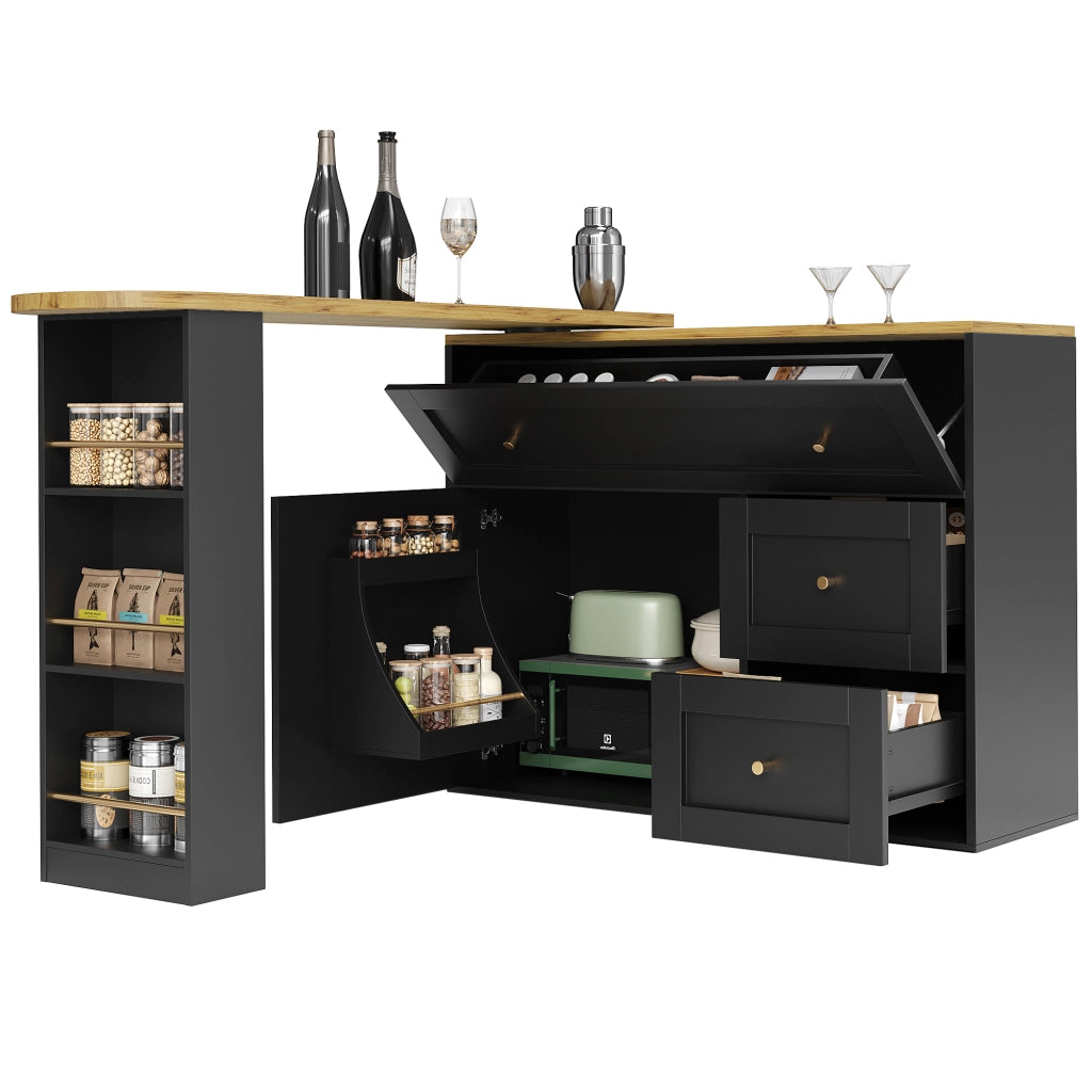 Tavolo da Pranzo Allungabile con Contenitore; 2 Cassetti a Ribalta e Piano Girevole; in MDF e Metallo; 138x39x105 cm; Nero