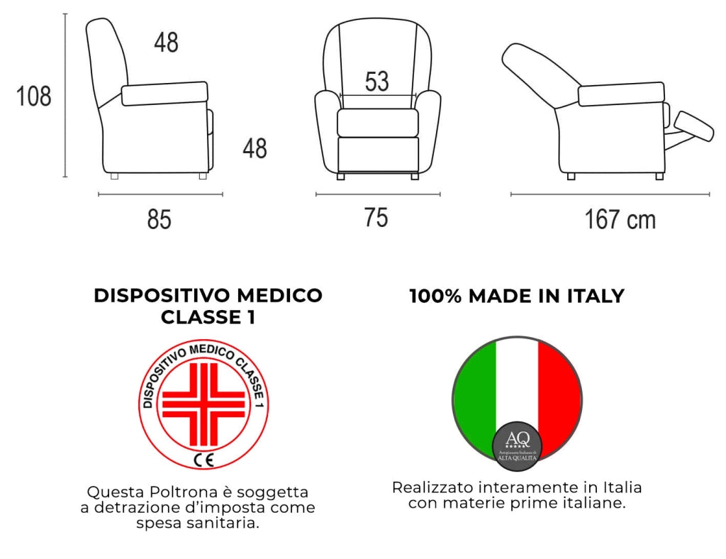 Poltrona Alzapersona Elettrica 2 Motori 75x108x85 cm in Tessuto Dispositivo Medico 1 Marrone