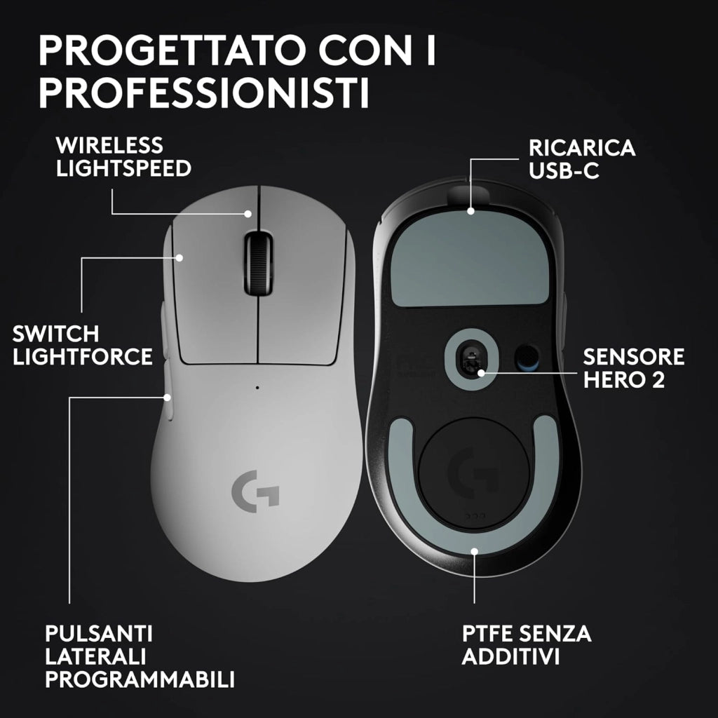 Logitech G PRO X SUPERLIGHT 2 DEX wireless gaming mouse, 60g pro-grade right-handed mouse with 5 programmable buttons, USB-C charging, 44k DPI sensor, up to 8 kHz polling for PC/Mac - Bianco