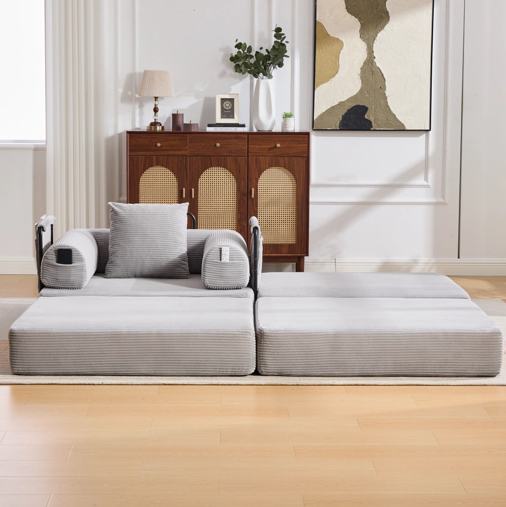 Pouf trasformabile in letto singolo in corduroy grigio chiaro 109x95x43 cm