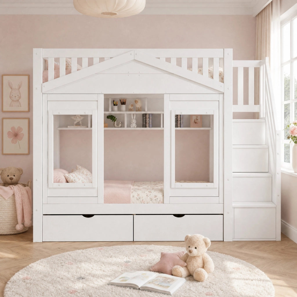 Letto a casetta con scale contenitore a destra, 90x200 cm, bianco, in pino massiccio e MDF