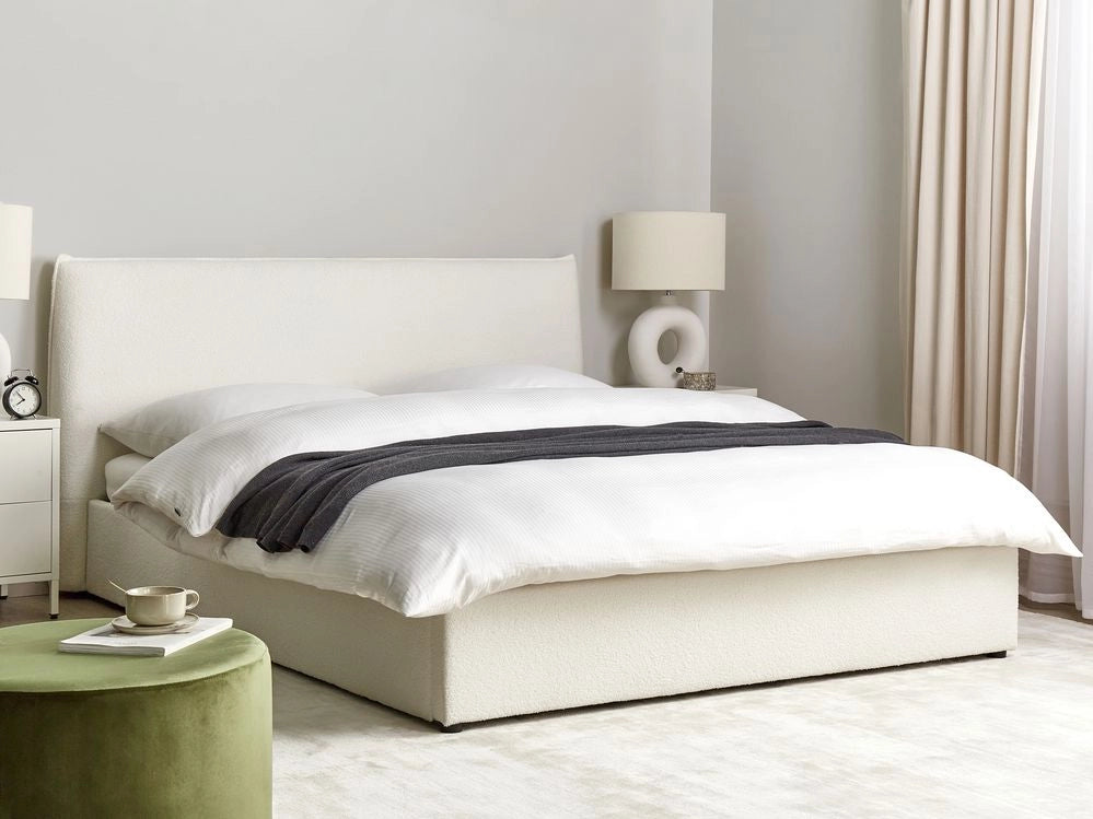 Letto con rivestimento in bouclé bianco sporco UE King Size 160x200cm Grande testata classica contenitore Doghe in legno