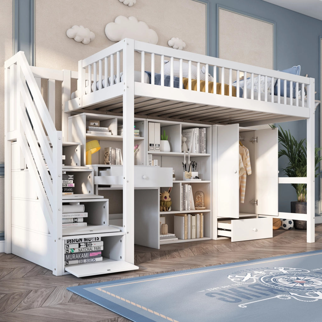 LETTO MULTIFUNZIONALE 90x200 cm BIANCO LEGNO MASSELLO + MDF