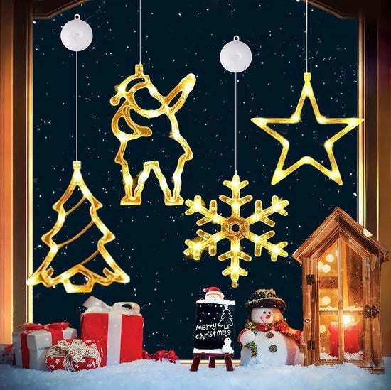 Decorazioni di Natale per la finestra - Illuminazione da appendere - 4 pezzi - Bianco caldo - Azionata da batterie